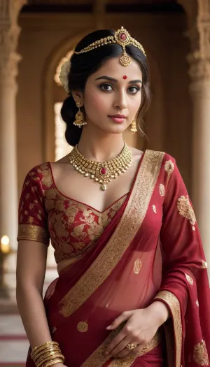 **Prompt for AI Image Generator, **

"An ancient Hindu princess in the year 1500, set in India. She is 21 years old, exuding beauty, grace, and power, as she seduces a prince in a grand royal setting. Her skin is a warm, rich bronze, glowing under the soft golden light of the palace. Her long, dark hair is thick and lustrous, flowing down her back in soft waves, adorned with delicate jasmine flowers woven through the strands. Her eyes are deep, almond-shaped, and dark brown, with an alluring gaze that seems to pierce through the prince, full of confidence and unspoken desires.

She wears a traditional saree of deep crimson and gold, the fabric rich and intricately embroidered with patterns of lotus flowers and swirling vines, symbolizing both beauty and fertility. The saree is draped with precision, hugging her curves and accentuating her regal stature. Her jewelry is extravagant—heavy gold bangles adorning her wrists, a necklace of precious stones resting on her chest, and a beautiful maang tikka, (headpiece), that rests delicately on her forehead. Her nose is pierced with a small gold stud, adding to her exotic allure. Her lips are full and painted with a subtle red hue, slightly parted as she gazes at the prince. Her posture is regal yet inviting, her body language graceful, yet purposeful, as she leans slightly towards the prince. The soft flicker of palace torches illuminates her figure as she stands in a private chamber, surrounded by rich tapestries and intricately carved wooden furniture.

In this moment of seduction, her expression is one of mystery and command, balancing innocence with boldness, her beauty enhanced by the warmth of the room and the exotic charm of the ancient palace. The atmosphere is filled with the intoxicating scent of sandalwood incense and rose petals, adding to the sensual tension in the air. The princess knows her power over the prince, and her every movement reflects both grace and deliberate intent, as she leads him toward temptation."

**End Prompt.**
