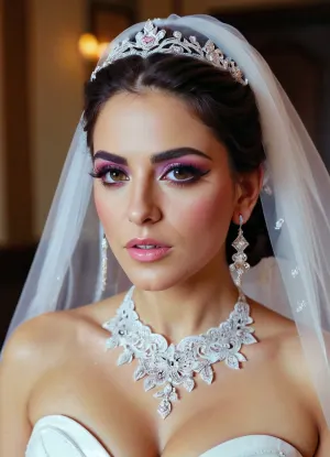 Persian slut bride, in latex bridal custom, heavy pink makeup, ruined makeup, happy., wedding, girl, <lora:sl_sila:.5>