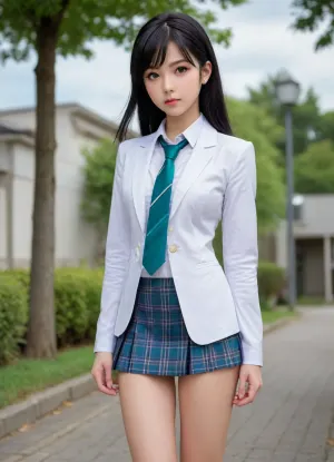 (anime drawing:1.6), (artwork, digital painting, flat colors), cute anime schoolgirl, (slightly wavy long black hair, large green eyes, cherry-red lips, slightly asian slavic face, very cute, (highly detailed hair, highly detailed eyes), pale skin, (babyface:1.4), (lolicon:1.4), (teeny:1.4), tall, sporty, supermodel lookalike, (torpedo tits, medium pointed breasts:1.3), (conical breasts protrude forward really hard), smooth knees, long slender legs), (highly detailed hair, highly detailed eyes), (well-dressed, elite school uniform, white button-up shirt, light-blue blazer, blue tie, tartan super short miniskirt), elite school backyard, (anime reality background:1.5)