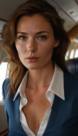 woman, slender flight attendant with soft facial lines but high strong cheekbones and a narrow pointed nose, freckles, white unbuttoned blouse revealing nude breasts, blue skirt, open messy hair, no semen visible, ultrasharp photo, detailed face, small breasts, detailed breasts, detailed nipples, plane cabin, downblouse, nipslip