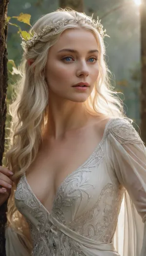 (masterpiece, best quality, highres, ultra-detailed, photorealistic), ethereal and breathtakingly beautiful Galadriel, the Lady of Lothlórien, standing gracefully in the golden glow of an ancient elven forest, surrounded by tall mallorn trees with shimmering golden leaves, a faint mist drifting through the air, creating an aura of mysticism, her piercing blue eyes reflecting the wisdom of ages, soft luminous skin with a celestial glow, delicate high cheekbones, perfectly sculpted facial features, slightly arched elegant eyebrows, full lips with a serene expression, long, flowing platinum blonde hair cascading down her back in silky waves, subtly illuminated by the soft elven light, a finely crafted silver circlet adorning her forehead with an intricate floral design, her tall and slender yet subtly curvaceous figure exuding elegance and regality, dressed in an exquisite flowing white elven gown made of the finest silk, adorned with delicate silver embroidery resembling intertwining vines and leaves, sheer translucent sleeves draping over her arms like whispers of moonlight, a regal silver belt cinching her narrow waist, long flowing skirts pooling gently at her feet, reflecting the soft ambient glow of Lórien, her graceful hands adorned with silver rings, one bearing Nenya, the Ring of Water, glowing faintly with an ethereal light, subtle cinematic lighting enhancing her divine presence, a soft elven aura radiating around her, balanced depth of field, ultra-detailed textures on clothing, hair, and surroundings, sharp focus on her mesmerizing gaze, 8K resolution.