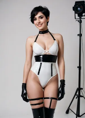 full body pic, An Iranian woman with white skin, in Pixie Cut black wet hair, Pose like a model, Black makeup, heavy makeup, wearing modern white lingerie, and black latex harness, smiling slyly. IN photography studio minimal white background with white items. warm color.