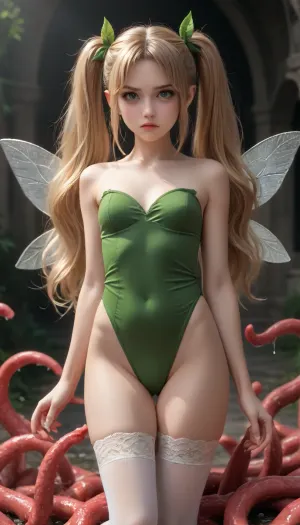 Fairy fairy is very scared, around her blooming tentacles of an octopus. Fairy is very thin, thin, with narrow shoulders, small breasts, very small breasts, plump thighs, dressed in rags, stockings, green toga, golden hair, pigtails, fluffed hair, careless hairstyle, strands, long hair, white eyes, beautiful eyelashes, blush, angry expression, (wings:1.2)