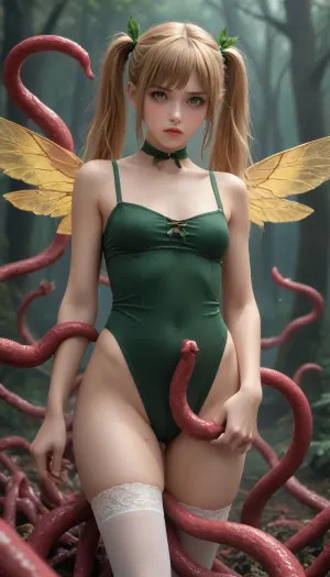 A fairy tale in a dark gloomy forest stands, against its background there are tentacles with suckers all over the trunk and penises at the ends, They reach out to the girl, touch her body, wrap her body, wrap her neck, she screams, The Fairy is very thin, emaciated, with narrow shoulders, small breasts, very small breasts, plump thighs, dressed in rags, stockings, green toga, golden hair, pigtails, fluffed hair, messy hairstyle, strands of long hair, yellow eyes, beautiful eyelashes, blush, angry expression, \ \ \, (wings:1.2), stationary, restraints, tentacles, corneo_tentacle_sex
