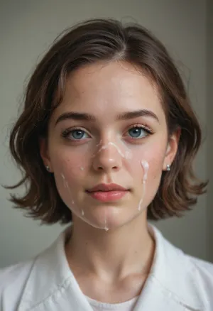 dork, dorky girl, nerdy girl, geeky girl, cute, geek, nerd, nerdy, facialized, facial, cum facial, cum, cum covered face, cum on face, face full of cum, doctor coat