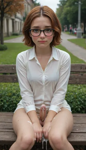 Scottish, 1girl, (cute:1.9), (embarrassed:2), copper hair, (wide hips:1.5), hazel eyes, glasses, Scottish village, park, sitting, no_bra, no_panties, (covered in cum:1.6), spread_legs, split_legs, ((erect penis)), (futanari:1.1), Masterpiece, 8k, trending on artstation