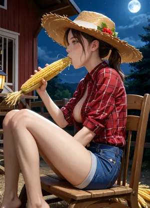 masterpiece, best quality, highly detailed, (anime:1.2), BREAK, (side view, close up on face), ((solo)), ((a gorgeous 25 year old white farmgirl, outside, sucking on corn, sitting on a rocking chair on the front porch of her farmhouse)), (oral sex with corn:1.2), natural B cup breasts, (brown ponytail hair:1), (green eyes:1), slim, athletic, gymnast body, (wearing an open plaid shirt, revealing breasts, nipslip, no bra, denim shorts, straw hat, barefoot:1.3), (night, nighttime:1.2), (dark theme:1.2), fireflies, the moon, (illuminated only by the warm lantern light from the lantern sitting on the porch), stars, RAR, <lora:MeMaV3_ill:.5>, <lora:add_details_xl:.5>, <lora:Better Anime Backgrounds - [Background] - SDXL Version 1:.5>, <lora:RAR 0.4v:.5>