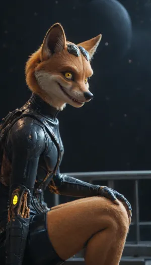 (on spaceship), ((black space and bright stars outside)), ((large sharping stars on outside)), (knee-length frame and half-side view:2.2), (perfect body), (Focus on the huge porthole:1.2), ((a glance out the porthole)), (narrow long nose like a fox's:1.2), (predatory smile:1.7), (A wide predatory smile:1), ((the head is turned 1/3 of the porthole)), ((the eyes are watching the viewer)), ((very short hair on head)), Elegant body, (anthro fox-furry:1), (Large yellow eyes with very narrow pupils:1.5), (orange fur), (in a Futuristic tight armored, (Closed color latex suit), , , with yellow inserts:1.1), (Tight-fitting space pants:1), (laser pistol on hip:1), (exoskeleton:1.3), (futuristic weapons on the belt:1.4), (Black circle with a wide, (green), , , ring, 8 small white stars on the ring, one large white star in the center of the black circle, emblem located on the shoulder:1), leaning casually against the spaceship bulkhead near a large spaceship window. Half-body shot focused on her detailed fox face and the bright, ((Milky Way visible through the glass)), Side profile view, head turned thoughtfully towards the vastness of space. Orange fur is ultra-detailed and contrasts beautifully with the monochrome suit. Fluffy fox tail rests gently by her side. Graceful yet relaxed posture, no distortion of figure. Extremely soft dim lighting with no glares or reflections, emphasizing the ancient beauty of the stars. Focus on emotional depth and cinematic composition