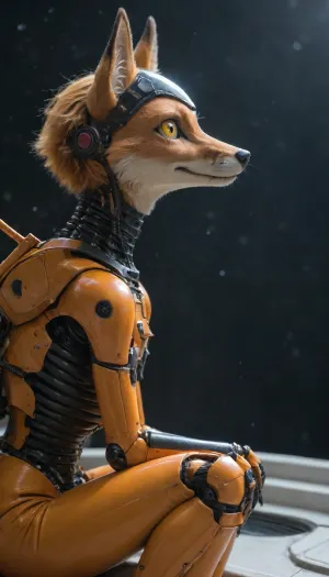 (on spaceship), ((black space and bright stars outside)), ((large sharping stars on outside)), (knee-length frame and side view:2), (perfect body), (Focus on the huge porthole:1.2), ((a glance out the porthole)), (narrow long nose like a fox's:1.2), smile, ((the head is turned 1/3 of the porthole)), ((the eyes are watching the viewer)), ((very short hair on head)), Elegant body, (anthro fox-furry:1), (Large yellow eyes with very narrow pupils:1.5), (orange fur), (in a Futuristic tight armored, (Closed color latex suit), , , with yellow inserts:1.1), (Tight-fitting space pants:1), (laser pistol on hip:1), (exoskeleton:1.5), (Black circle with a wide, (green), , , ring, 8 small white stars on the ring, one large white star in the center of the black circle, emblem located on the shoulder:1), leaning casually against the spaceship bulkhead near a large spaceship window. Half-body shot focused on her detailed fox face and the bright, ((Milky Way visible through the glass)), Side profile view, head turned thoughtfully towards the vastness of space. Orange fur is ultra-detailed and contrasts beautifully with the monochrome suit. Fluffy fox tail rests gently by her side. Graceful yet relaxed posture, no distortion of figure. Extremely soft dim lighting with no glares or reflections, emphasizing the ancient beauty of the stars. Focus on emotional depth and cinematic composition