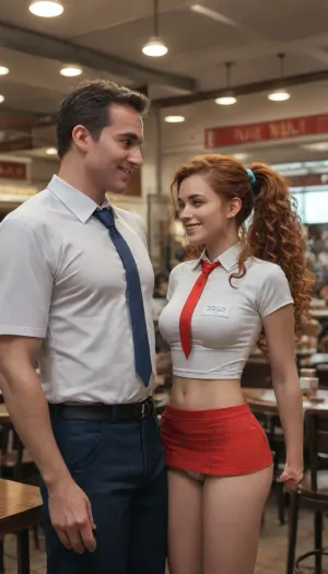 UHD 8K, extreme realism, maximum detail, (crowded restaurant:1.3), (1 standing woman 1 seated man looking at each other:1.5), (woman, 20 year old athletic Irish redhead, long curly hair, ponytail, medium breasts, (revealing microskirt:1.7), (visible panty:1.6), (short-sleeved shirt:1.4), (tie:1.4), very attractive, standing, smiling), (man, 30 year old Spaniard with short black hair, clean shaven, (shirt:1.4), (trousers:1.4), (sitting on a chair next to a table:1.5), smiling)