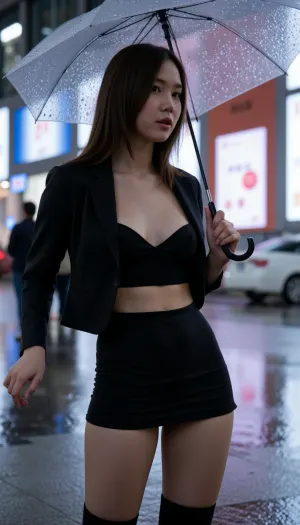 Graceful, sexy dressed young Japanese girl, cute face, sexy ass, hurries somewhere with an umbrella in a heavy downpour in Tokyo, Shibuya, Japan, tokyo, at, night, <lora:tokyo_at_night:.5>