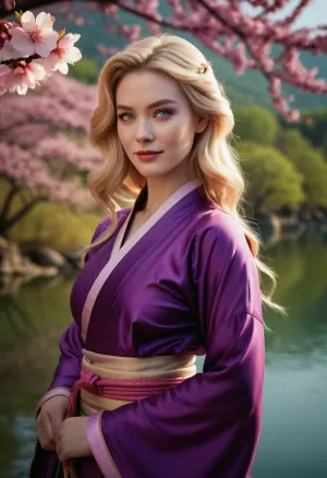photo, cheerful blonde, (((masterpiece))), (((best quality))), 2d, behance, majestic, dressed in a nice purple Ming Dynasty costume, [superhero costume], (Wrap top:1.2), a hefty samurai, (exquisite 1girl, solo:1.3), she's Alluring, reimagined, she smiles like a Ninja, her hair Multicolored, Lake, Modern, Peaceful, Swirling pink sakura flower, Hipster art, Nostalgic lighting, Pale skin, Green detailed eyes, flawless, stands in a lecherous sexual position, fertile, imposing, dramatic, complimentary colors, <lora:add-detail-xl:.5>, <lora:3DMM_V12:.5>, .
