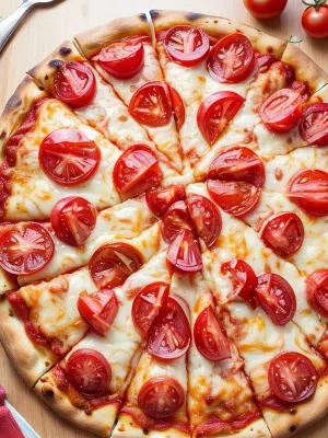 draw a juicy pizza with cheese, sausages, tomatoes, so that there is a lot of cheese so that it directly tempts. Show me how you bite into a pizza.