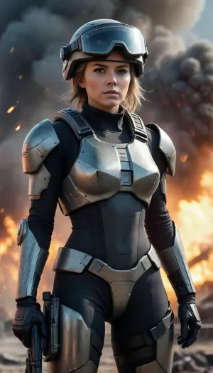 Fotorealism, ((full body)), A battle-hardened female soldier stands on a battlefield with futuristic weapons. Explosions, mechs, smoke, visor reflection, extreme close-up, portrait.