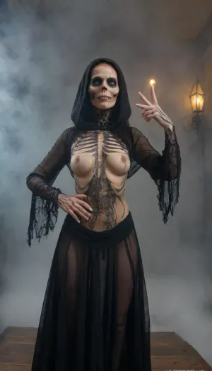 afull body view photo realistic, ultra details, natural light ultra detailed portrait of a female necromancer, (showing the middle finger:1), skeleton face volumetric fog, Hyperrealism, breathtaking, ultra realistic, ultra detailed, cyber background, cinematic lighting, highly detailed, photography, stunning environment, wide-angle", "text_l", "photo realistic, wide-angle