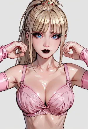 1girl, blonde hair, long high ponytail hair with fringe, blue eyes, (((big long eyelashes))), arm sleeves, (moles pimples spots all over body), alone, (pink bra:1.7), (((best pose))), full body, pretty face, (simple makeup, black lips), portrait, standing, big round eyes, (front view:1.4), (shiny shiny skin), (giant tits:1.2), ratatatat74, <lora:ratatatat74-000050:1.5>, <lora:cartoon_stickers_xl_v1:.6>