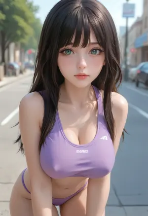 (1girl, black hair, green eyes, long hair, bangs), beautiful face, blush, freckles, hands resting on tits, big breasts, perfect body, erect nipples, (sports bra, purple thong), seductive look, leaning forward, street background, ratatatat74, <lora:cartoon_stickers_xl_v1:.6>, <lora:ratatatat74-000050:1>, <lora:gotou_hitori_xl:1.2>