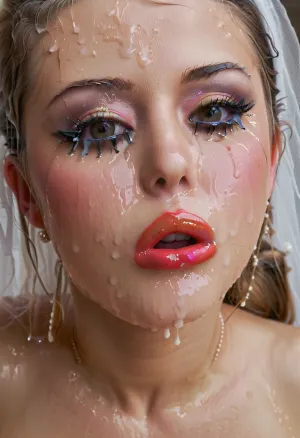super close hot of bukkake, cumshot, facial portrait picture of the Bride face in cum facial, with heavy makeup and a lot of makeup, a lot of Cum on her face, cum on her long black eyelashes, Cum on her eyelids, Cum on her cheek skin, her face wet with Cum, Cum on her red lips. cum on her wedding tail, One of the false eyelashes is wet and on the cheek. woman, cum, on, face, ruined, makeup, <lora:JustCum:1.1>, <lora:ruined1:.9>, <lora:Pink_Lips:.9>