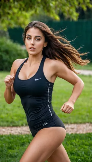 Ultra Realistic photography, side view, (full body shot), 25 years old woman, in a park, running, hair is blowing in the wind, well-built body, wearing tight sports clothing, wearing sport shoes, big sized boobs, cute face, square face form, happy view, big eyes, glossy eyes, eyeliner, perfect makeup, red cheeks, middle long straight brunette hair, snub nose, symmetrical eyes, view to viewer, highly detailed lips, highly detailed teeth, highly detailed eyes, highly detailed iris, skin pores, mat skin, skin texture, manicure, natural lighting