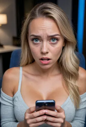 UHD 8K, (25 year old), (shy Christian girl sitting in an armchair and staring at her phone), (it is dark and her face is illuminated by the blue light her smartphone), (she is shocked and disgusted as she discovers that someone posted deepfakes of her on the Internet), (horror-struck), (night time), (her mouth is wide open in shock), (she is frowning), (she is extremely taken aback), (her gaze is locked her phone's screen), (realistic proportions), (perfect hands), surprised, look, girl, (girl frowning in disgust:1.5), (shocked:1.2), (hot chick:1.2), (northern European:1.2), (dirty blonde:1.2), (tanned), (freckles:1.1), (Swedish fitness girl:1.2), (disappointed expression:1.5), (big tits), (detailed eyes:1.3), (reflection on iris:1.2), (she says "Are you serious?"), (she says "You are sick!"), (revealing cleavage:1.3), (professional photo), (skin pores), (oily skin), (skin blemishes), (pursed lips)