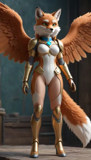 (Masterpiece, Best Quality:1.3), highres, (8k resolution wallpaper), official art, (3d:1.2), (ultra-detailed portrait), Fuji 85mm, long shut, full body view, Back View, ((hybrid:1.5), Valkyrie, (anthro fox), (anthro eagle), lamia, megaman)