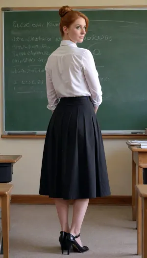 beautiful curvy milf, 40 year old, second grade teacher, The viewer sees her from behind, Her ginger-colored hair was pulled back in a bun, and a strand of hair had escaped over her face, full, slightly saggy breasts, She's wearing a formal white blouse buttoned up to her throat, and a very long black skirt that goes below her knees, She stands at full height on the blackboard, with her back to the viewer, stern, looking sternly back at the class, chalk in hand, classroom, low angle shot