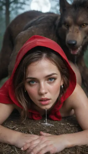 red riding hood, prone bone, (orgasm+wide open mouth moaning+gasping+arching back), shy, blushing, (wet skin+sweat+drool+tears+cum+spit), creampie, waist, hourglass figure, assjob, werewolf dick in her ass, buttjob, cum on ass and back, laying on stomach, werewolf grabbing her head, (realistic skin, skin pores freckles moles blemishes wrinkles), in extremely foggy moon lit woods at midnight