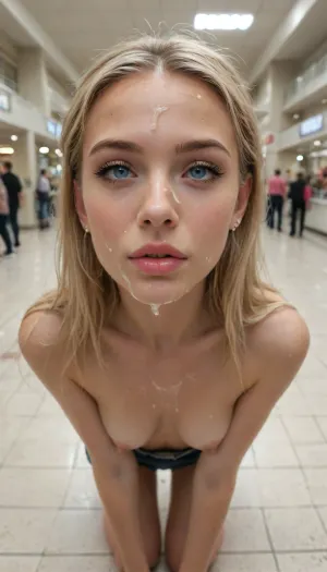 ((25yo cum covered porn bimbo model on her knees)), (slick hair), ((skinny face)), ((long after sex blonde hair frames her face)), tousled hair, blue eyes, skinny, perfect body, perfect breasts, pov, looking up at viewer, eye contact, messy updo, public mall with many many people