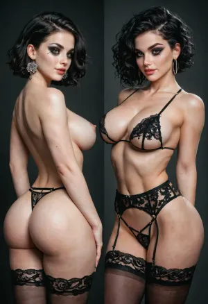 Sexy alt Pixie girl, very sexy body, dark alt makeup, long black hair, voluptuous, busty, big round butt, small waist, topless, black micro lingerie, lace stockings, variations in expression