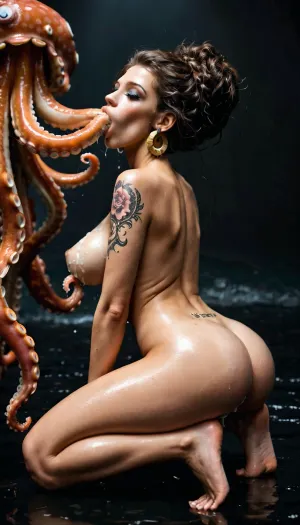 woman, tattoos woman, PRINCESS traight sliky hair, round breasts, teardrop breasts, full body, nude, orgasm expression, big ass, beautiful face, Big round earrings in the ears, octopus sucking each boob as a bra, big octopus, large slimy octopus, princess jewlery, octopus monsters, tentacle sex