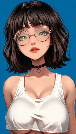 1girl, pretty girl, green eyes, black bangs, round glasses, wearing a white tank top, underboob, big cleavage, big tits, blue background, g0th1cxl, glowing, neon, samdoesarts, by, <lora:g0th1cXL:1.5>, <lora:samdoesarts1.1-000030:.7>