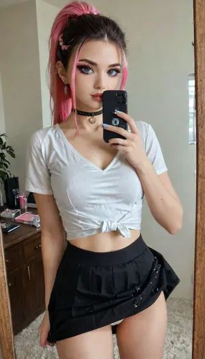1 girl, 21 years, iphone, mirror, selfie, holding, alt fashion, iPhone, alternative fashion, piercing, choker, long eyelashes, arrows on the eyes, cosmetics, mascara, short skirt, skirt lift, lift with one hand lifts the skirt, skirtlift, multicolored hair, Dollskill, shikimorisan, pink, hair, long, blue, eyes, between, bangs, ponytail, braid, <lora:iphone_mirror_selfie_v01b:.5>, <lora:skirtlift_xl:.5>, <lora:Dollskill_Downbeat_Spiked:1>, <lora:shikimorisanXLv1:1>