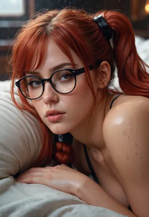 woman, Sexy Girl lounging on a bed wearing very littlet clothes cover her body, red hair pigtails with bangs, round glasses, Full Lips, Small Cute Nose, Relaxed Sultry Pose, sharp focus, by pascal blanche rutkowski repin artstation hyperrealism painting concept art of detailed character design matte painting, 4 k resolution blade runner, perfect professional photography Hyperrealistic photo perfect figure, Hyper detailed by Magali Villeneuve, Clint Cearley and Ekaterina Burmak, high definition textures, meticulous details, maximalist, high quality reflections Hyperdetailed Painting By Ismail_Inceoglu Tom Bagshaw Dan Witz CGSociety ZBrush Central Fantasy Art 4K, sidelight, frontlight, blurry background star wars, cinematic_lighting, blush, arms_behind_head, nsfw, sweat, wet, rain, neiyi1, damimi, mystery of the dark space, dynamic, dramatic
