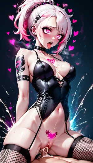 goth woman, long white hair with pink highlights, fishnets, round ass, with a sexy dress, highly detailed, mastercrafted professional illustration, high resolution, best resolution, high definition, best definition, black eyes, (slim body), athletic, athletic body, tattooed all over, lots of tattoos, medium breasts, ahegao, head thrown back, squirting, side view, cowgirl, glowing pink eyes, cum on belly, cum on chest, cum in vagina, saliva, ultra detail, heart, convulsion, orgasm