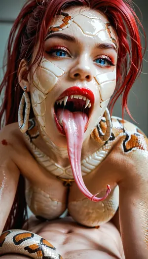 Masterpiece, ultra-realism, snake-girl A 2m95, cowgirl posing on small young man, vaginal sex, black, Red hair, (long ponytail), close-up, makeup, narrow waist, (snake eyes), blue eyes, look at viewer, high detailed face, open mouth, girl-snake long tongue, (transparent saliva), earrings, (big lips:1.2), (Snake fangs:1.5), excited look, (glossy red lipstick:1.3), blood, (snake skin:1.7), shiny skin, thin, huge breasts, wide hips, (bent over), glowing vagina, red glowing altar, young man lying on back dying, young man is tied up, front view, Cinematic light, best quality, mega detailed, mega quality, high detailed