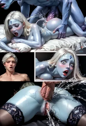 Masterpiece, (Squirting Orgasm:2), (realism:2.5), (sweating:1.5), (pussy:1.7), (fit:1.5), perfect ass, Radial, (gorgeous face:1.7), (wide eyes:1.3), (shocked:1.3), (moaning:1.7), (begging:1.7), (ecstasy:1.7), (blue skin:1.8), (exotic alien:1.5), full lips, thick lips, (blushing:1.4), (breasts:2), (hips:1.5), topless, tight mini skirt, skirt pulled up, black stockings, (open mouth:1.3), arched back, (couple:1.5), fucked by male, (veined cock:2.5), (anal penetration:2), ultra detailed face, award winning photo, tamada heijun art, (white hair:2), blue skin, alien, cyborg, superhero, angel, fantasy, squeezing hand, (prone bone:1.5), (mating press:1.5), (pleasure:1.7)