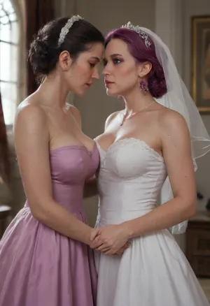 Rank_9, Just before the wedding ceremony was about to begin the bride and her maid of honor found themselves making passionate love to each other in the bridal suite, (1girl), lesbian sex, color, (bride in white:1.5), (maid of honor in magenta bridesmaid’s dress:1.4), masterpiece, sexy, groping breasts