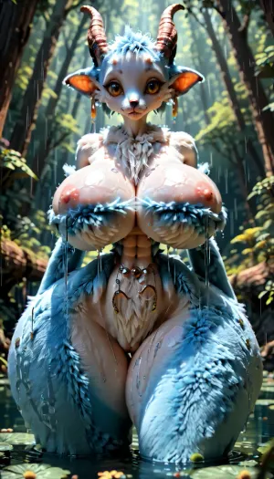 (pale blue fur:1), short girl, (fur:2), smol, alien girl, wet fur, yellow eyes, beautiful face, ornate horns, tiny torso, small upper body, no hair, head crest, (tiny waist:1.5), (oversized thick thighs:1.5), (thin shoulders:1), huge fake breasts, boobs, massive cleavage, fur outfit, royal look, boobs squished together, exposed navel, stomach exposed, bitting lip, waist, bimbo lips, (oversized wide hips:1.8), walking through a rainforest, raining, naked body, full body shot, long thick tail, holding own waist, big ass, thick thighs