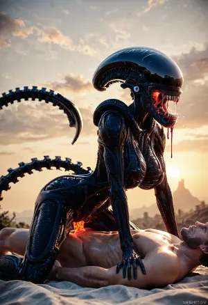 Masterpiece, ultra-realism, 1 man_human_Naked body_skinny, 1 woman Xenomorph A 2m90, (woman xenomorph:1.4), narrow waist, blue eyes, glowing eyes, look at viewer, transparent saliva, (xenomorph mouth:1.3), high detailed face, earrings, excited look, (blood), shiny skin, thin, (big breasts:1.3), wide hips, glowing vagina, red glowing altar, alien woman on top man, vaginal sex, piv, cowgirl posing, On all fours, bent over, (man lying on back), On the face of a man's Facehugger, blood, (side view), Cinematic light, best quality, mega detailed, mega quality, high detailed, xenoegg, <lora:426321_training_data:.5>