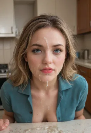 20-year-old, heart-shaped face, golden hair, blue eyes, innocent sparkle, slender, curvy, suburban background, drama student, university setting, kitchen scene, partially dressed, cum on face, seductive, desperate, hopeful, intimate, cluttered breakfast table, tension, power dynamics, unconventional relationship, vulnerable., bukkake, cum, green, eyes, blue, brown, perfecteyes, <lora:MS_Real_XL_Bukkake:.8>, <lora:PerfectEyesXL:.5>