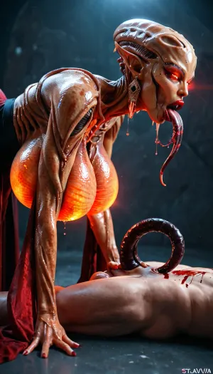 1 woman gigantic alien, (gigantic woman:1.3), (1 man small:1.3), close-up, An alien dystopian starship, ultrarealism, masterpiece, (alien), (small tentacles sucked stomach man), alien tongue, woman on top man, bent over, Woman touching man testicles, (cowgirl), vaginal sex, (alien woman:1.4), makeup, narrow waist, glowing eyes, look at viewer, earrings, (big lips), excited look, (glossy red lipstick:1.2), (transparent salvia:1.3), high detailed face, shiny skin, thin breasts, big breasts, round breasts, (long dress), wide hips, (bent over), red glowing, blood, man lying, (side view), Cinematic light, best quality, mega detailed, mega quality, high detailed