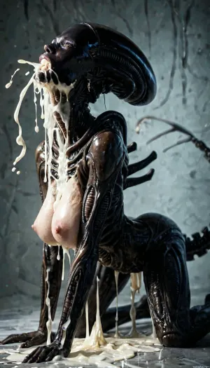(realistic:1.5), (beautiful sexy woman with alot of excessive cum flowing out of mouth:1.3), on all fours, (violently fucked from behind by a gigantic alien grabbing her hips:1.4), (detailed face and eyes:1), exposed breasts, slender body, black hairbob cut, (large natural breasts), puffy nipples, side view, Xenomorph, <lora:Xenomorph v2:.8>