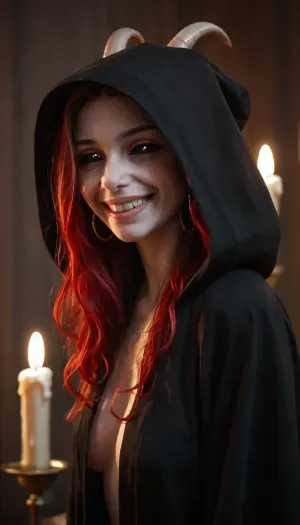 score 9 up, dark lair with no natural light, candles light room, insanely hot girl, black robe, hood up, large saggy perky tits out, ((fucked by big scary red goat monster:1.3)), lascivious demonic smirk, black eyes, black sclera, intimate vibes, sexy eyes, sexy smile, cute nose, gooey white cum in face, side view, full body portrait, intricate detail, cinematic masterpiece, <lora:black sclera:.8>