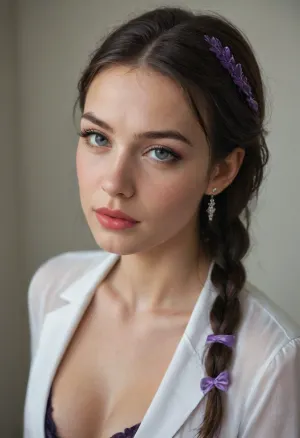 Close up Raw photo, 8k uhd, high quality, high resolution, ultra-detailed, professional photography, photorealism, realistic, beautiful sexy supermodel girl, french maid look, beautiful face, long pigtails hairstyle with purple bows, dark black hair, seductive face, makeup, dark lipstick, full body visible, complete body showing bmbplora, high-heels platform, full body view