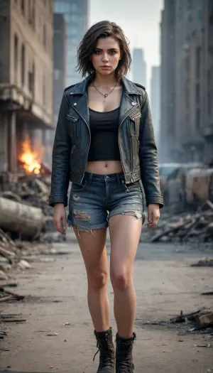 Hyperrealistisches postapokalyptisches Panorama: ein einsamer Stalker in einer dystopischen Stadtlandschaft (13rc1ng - Lippenpiercings)