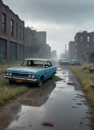 `Post-apocalyptic wasteland with crumbling city ruins overgrown with weeds, cracked asphalt road littered with abandoned rusty cars, (broken windows, decayed interiors), desolate field stretching to the horizon under a foggy sky, distant zombies shambling near collapsed buildings, 8k resolution, hyperrealistic details, cinematic HDR lighting, anti-aliasing, depth of field, photorealistic textures, (rust, cracked concrete, weathered surfaces), ray-traced shadows, volumetric fog, ambient occlusion, sharp focus on foreground debris, (shattered glass, torn posters), cold blue-gray color grading with muted accents, lossless PNG format, no pixelation, no compression artifacts.`