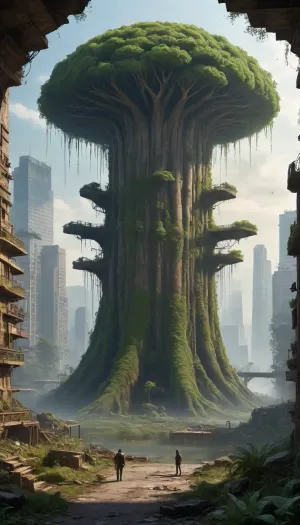 Une symbiose de l'apocalypse et de la renaissance : une métropole post-apocalyptique réimaginée par la nature

- Oui.

Du point de vue des oiseaux, de vastes jungles de béton et d'acier ont envahi une métropole post-apocalyptique. Des fougères géantes et des rampants emprisonnent des gratte-ciels effondrés, des cascades de mousse s'écoulent à travers des ascenseurs manglés. Les toits sont cachés sous un couvert dense de chênes, de palmiers et de champignons brillants. Les ours bruns boivent dans les marais avec des lis d'eau, des troupeaux d'antilopes errent parmi les panneaux d'affichage détruits. Les faucons pèlerins qui sillonnent les vestiges des stades chassent des troupeaux de corbeaux, où les vignes sauvages ont avalé les peuplements. Le soleil couchant brise le smog jaune toxique, peignant la brume hazy dans des tons vert néon et orange sang.