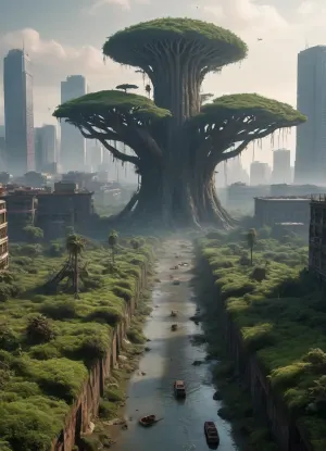 A symbiosis of apocalypse and rebirth: a post-apocalyptic metropolis reclaimed by nature