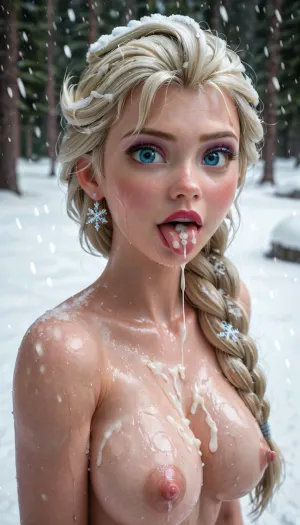 Elsa, Frozen, Disney, Adult Elsa, 21 years old, topless, breasts exposed, tongue out, eyes crossed, lots of cum dripping from her tongue, mouth full of lots of cum, lots of cum on tits, in a magical landscape, snowy winter landscape, parted lips, blonde eyebrows visible through hair, wet body with snowflakes, snowing
