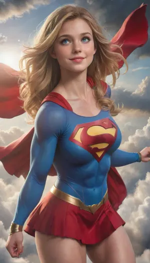 masterpiece, best quality, high resolution, hires, solo, close up, upper torso portrait, front, facing viewer, looking at viewer, huge breasts, lithe athletic body, hourglass figure, long hair, wavy hair, sleek golden hair, blue eyes, 19 years old, narrow face, charming smile, shiny blue skin tight long sleeve body suit with wide neck and red cape tucked into neck of suit, (red mini skirt with gold belt), (Superman Symbol on chest), muscular, supergirl, mad-abvthclds, clouds, cloudy, sky, sun, moon, 1girl, <lora:uberfit_lora_sdxl:.7>, <lora:f0f34de2-5e88-48a4-8ef5-e4e6c30adb6d.TA_trained:.5>, <lora:Above_the_Clouds_SDXL:.5>, <lora:PAseer-SDXL-FarOfTheSun:.5>, ohwx, woman, <lora:sydney_lora_sdxl_v1-000008:.5>